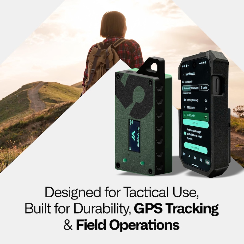 May include: An olive green GPS tracking device with a black case and a black smartphone in a protective case. The device has the text "Meshtastic" and "Designed for Tactical Use, Built for Durability, GPS Tracking & Field Operations."