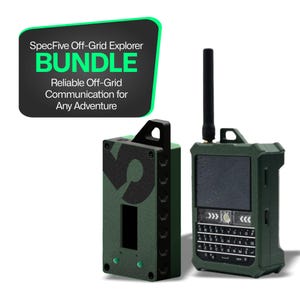 May include: A green SpecFive Off-Grid Explorer Bundle, featuring two rugged communication devices. One device has a screen and keyboard, the other has a handle. The text reads: "SpecFive Off-Grid Explorer BUNDLE Reliable Off-Grid Communication for Any Adventure."