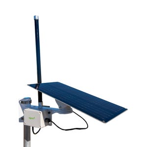 May include: A solar panel with a dark blue surface is mounted on a metal pole. A black antenna extends upwards, and a small white box with the text "speco" is attached. A black cable connects the panel to the box.
