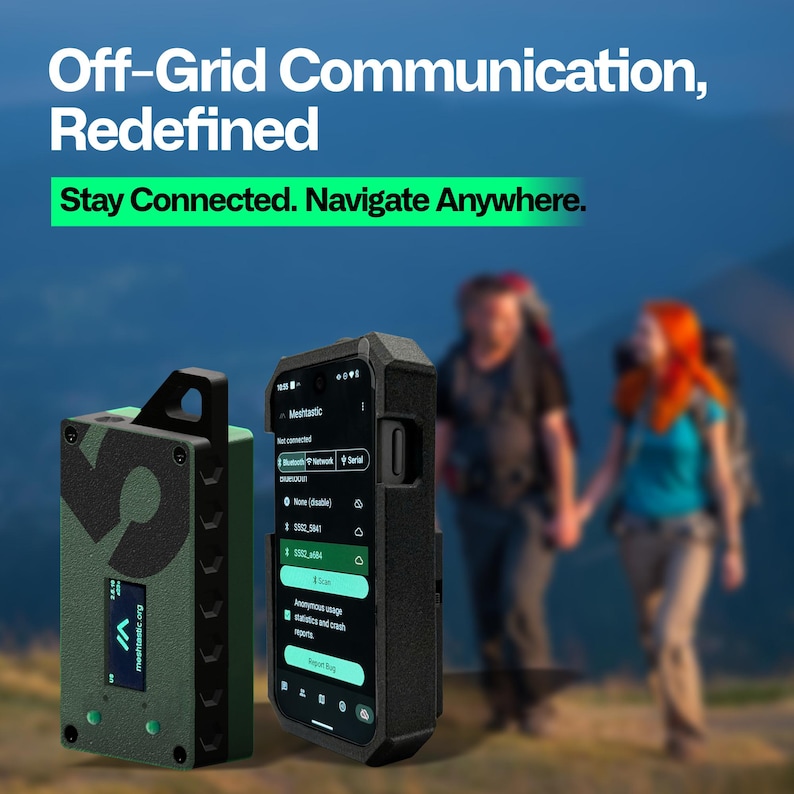 May include: Two devices for off-grid communication are displayed. One is a green and black box with a screen and the other is a smartphone in a rugged black case. The text "Off-Grid Communication, Redefined" and "Stay Connected. Navigate Anywhere." are visible.