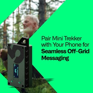 May include: A dark green Mini Trekker device with a black handle and a small screen, featuring the text "Pair Mini Trekker with Your Phone for Seamless Off-Grid Messaging." The device has a black design on the front.