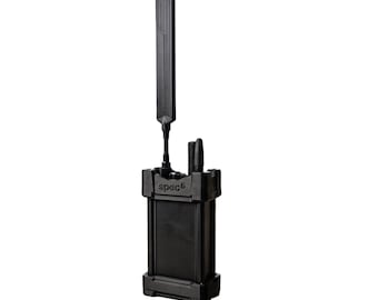 May include: A black rectangular electronic communication device featuring the text spec5 embossed on the front. The device includes one tall, thin, vertically oriented antenna and a shorter, rounded antenna protruding from the top housing.