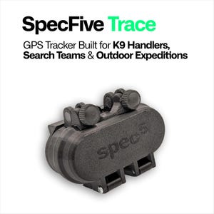 May include: A black SpecFive Trace GPS tracker with the word "spec5" printed on the side. The tracker has several knobs and a rectangular shape. Text above reads "GPS Tracker Built for K9 Handlers, Search Teams & Outdoor Expeditions."