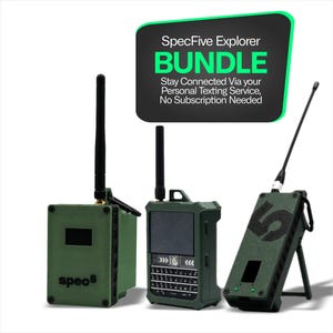 May include: A bundle of three olive green communication devices with black antennas. The devices have the text "speo5" and "5" printed on them. A black and green banner at the top reads "SpecFive Explorer BUNDLE" and "Stay Connected Via your Personal Texting Service, No Subscription Needed."