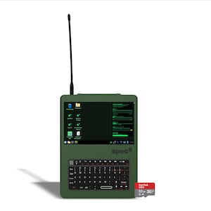 May include: An olive green handheld computer with a vertical antenna, a QWERTY keyboard, and a screen displaying a system interface with the text spec5. A red and white SanDisk Ultra 32GB microSD memory card is positioned next to the device.