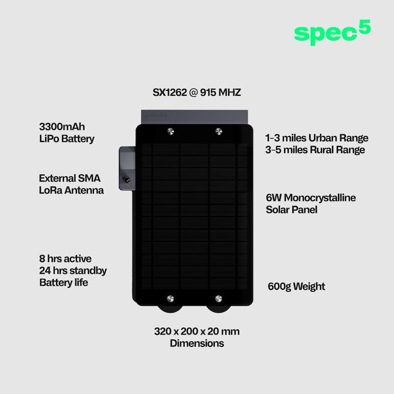 K&ouml;nnte beinhalten: Schwarzes rechteckiges Ger&auml;t mit dem Text "spec5". Merkmale sind ein 6W monokristallines Solarpanel, 3300mAh LiPo-Akku und externe SMA LoRa-Antenne. Abmessungen: 32,0 x 20,0 x 2,0 cm, Gewicht: 600g. Urbane Reichweite: 1-3 Meilen.
