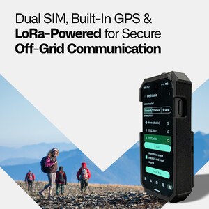May include: A black smartphone in a rugged case, displaying a user interface with various options. The text reads "Dual SIM, Built-In GPS & LoRa-Powered for Secure Off-Grid Communication." In the background, a group of hikers are walking on a mountain trail.