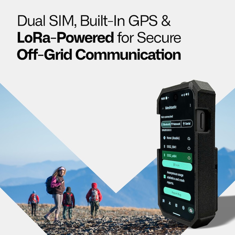 May include: A black smartphone in a rugged case, displaying a user interface with various options. The text reads "Dual SIM, Built-In GPS & LoRa-Powered for Secure Off-Grid Communication." In the background, a group of hikers are walking on a mountain trail.