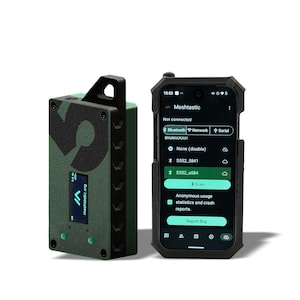 May include: A green and black Meshtastic device with a screen, next to a smartphone displaying the Meshtastic app interface. The device has a large "5" on its side and the text "meshtastic.org". The phone is in a black case.