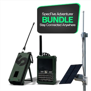May include: An adventurer bundle with two-way radios, a solar panel, and an antenna. The radios are olive green with black antennas. The text on the image reads "SpecFive Adventurer BUNDLE Stay Connected Anywhere."