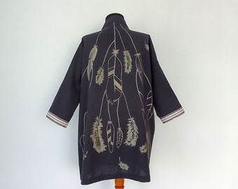 Kimono Robe, Linnen Kimono, Kimono Jas, Boho Vest, Zomerkaftan, Zwarte Kimono