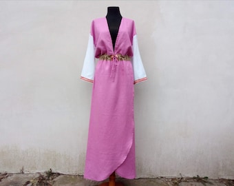 Maxi boho dress, Kimono linen dress, Linen pink dress, Maxi linen dress, Long sleeve dress, Deep V neck dress, Long kimono dress