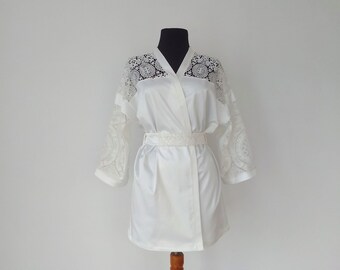 White Kaftan, Lace Robe, White Kimono Jacket, White Satin Kimono, Women Cotton Kimono, Summer Lace Kaftan, Womens White Robe, White Kimono