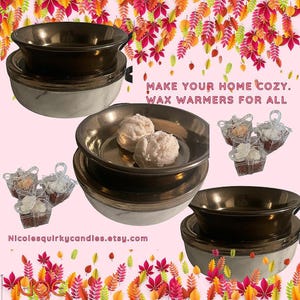 May include: Wax warmers with a metallic bowl and a marble-look base are displayed. The image includes the text "MAKE YOUR HOME COZY. WAX WARMERS FOR ALL" and small decorative wax melts. The Etsy shop URL is also visible.