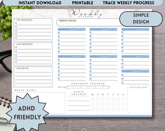 Minimalist Weekly Planner, Daily To Do List, ADHD Organizer (Printable)