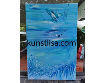 Abstract acrylic painting on canvas underwater blue turquoise white - 115 x 75 x 1.5 cm, picture, zodiac sign Aquarius, fish