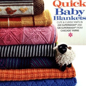 May include: A stack of colorful knitted baby blankets, featuring various patterns and textures. The blankets are in shades of blue, green, orange, pink, and brown. The image includes the text "60 Quick Baby Blankets" and a small stuffed sheep.