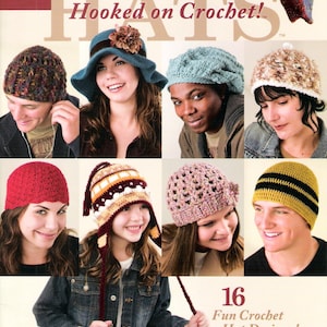 May include: A book cover featuring 16 crochet hat designs. The cover features a variety of hats in different colors and styles, including a red beanie, a pink slouchy hat, and a yellow striped hat. The text on the cover reads "Hooked on Crochet!" and "16 Fun Crochet Hat Designs!"