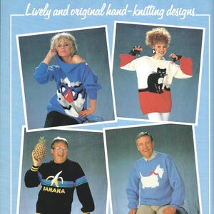 May include: A book cover featuring four people wearing colorful sweaters with unique designs. The book title is "WIT KNITS" and the subtitle is "Lively and original hand-knitting designs". The book is by George Hostler and Gyles Brandreth.