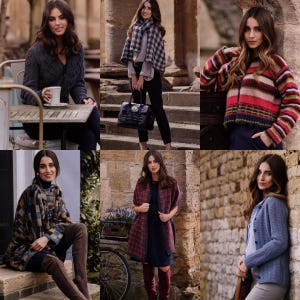 May include: A collage of six images featuring women wearing different sweaters and cardigans. The sweaters are in various colours and patterns, including a black and white plaid, a red and black plaid, a blue and white striped, a blue, and a multi-coloured striped.
