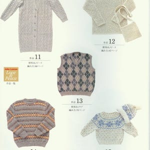 May include: A collection of knitted clothing patterns featuring a variety of styles, including a long cardigan, a vest, a sweater, and a baby sweater with a matching hat. The patterns are numbered 11 through 15 and include instructions for using different types of yarn and knitting techniques.