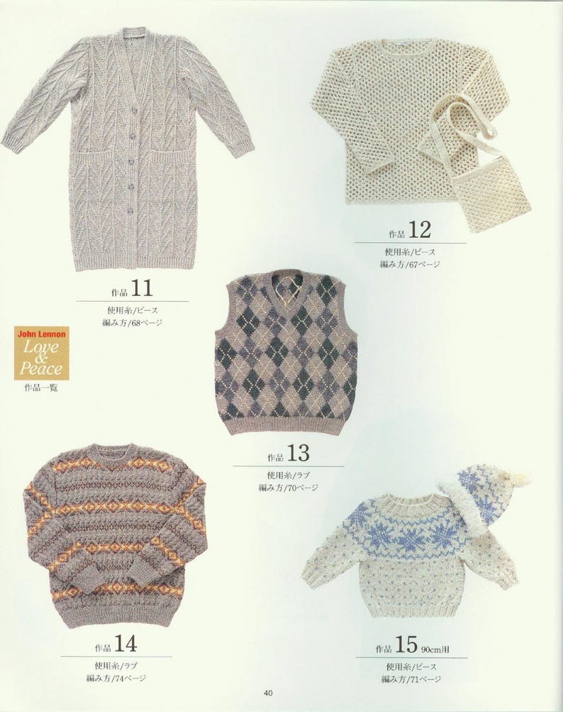 May include: A collection of knitted clothing patterns featuring a variety of styles, including a long cardigan, a vest, a sweater, and a baby sweater with a matching hat. The patterns are numbered 11 through 15 and include instructions for using different types of yarn and knitting techniques.
