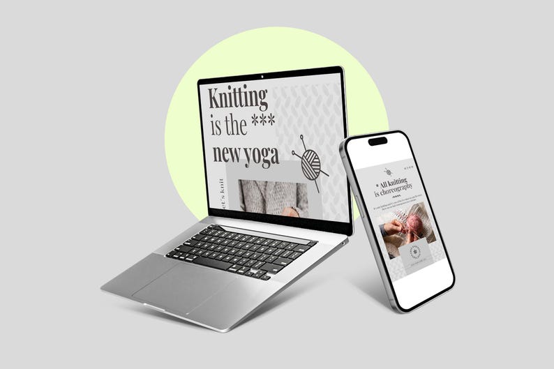May include: A laptop computer and a smartphone both display a website with the text "Knitting is the new yoga" and a graphic of knitting needles and yarn. The website is promoting knitting as a form of mindfulness and relaxation.