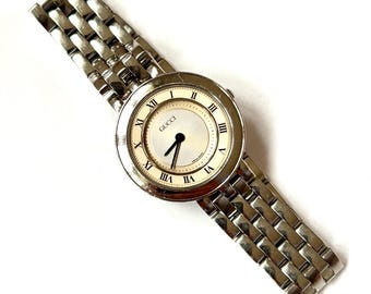 Vintage 80s Gucci Ladies Watch, Silver Strap, Roman Numerals