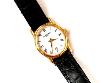Vintage 70s Raymond Weil Geneve Watch: Gold Tone Oval Dial, Cocktail Wristwatch