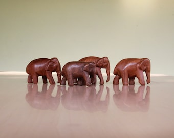 Carved Teak Wood Elephant Family Figurine Set, Thai Decor