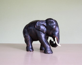 Black Polished Teak Wood Elephant, Hand Carved Realistic Thai Sculpture, Artisan Masterpiece
