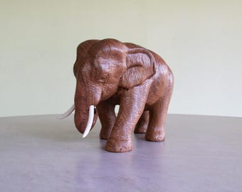 Highly Detailed Thai Teak Wood Elephant, Hand Carved Lifelike Sculpture, Fine Collectible Art