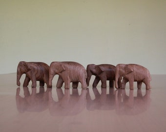 Set of Four Carved Thai Elephants – Wooden Elephant Family Figurines, Teak Wood Sculptures for Home Decor or Gifts