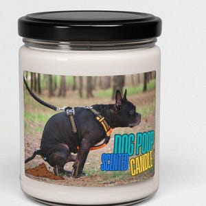 May include: A white candle jar with a black lid. The label features a cartoon image of a black dog wearing a harness and pooping in the woods. The text on the label reads "Dog Poop Scented Candle".