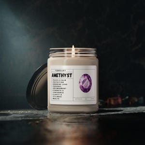 Amethyst Birthstone Gem Scented Soy Candle, 9oz - Astrology Meditation Wellness Health Gifts Candle, February Birthday Present, Zodiac