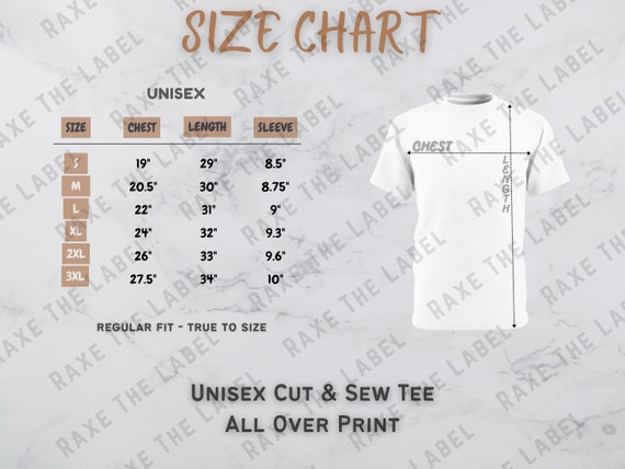 AOP Cut & Sew Tee - Printify All Over Print Size Guide - AOP T