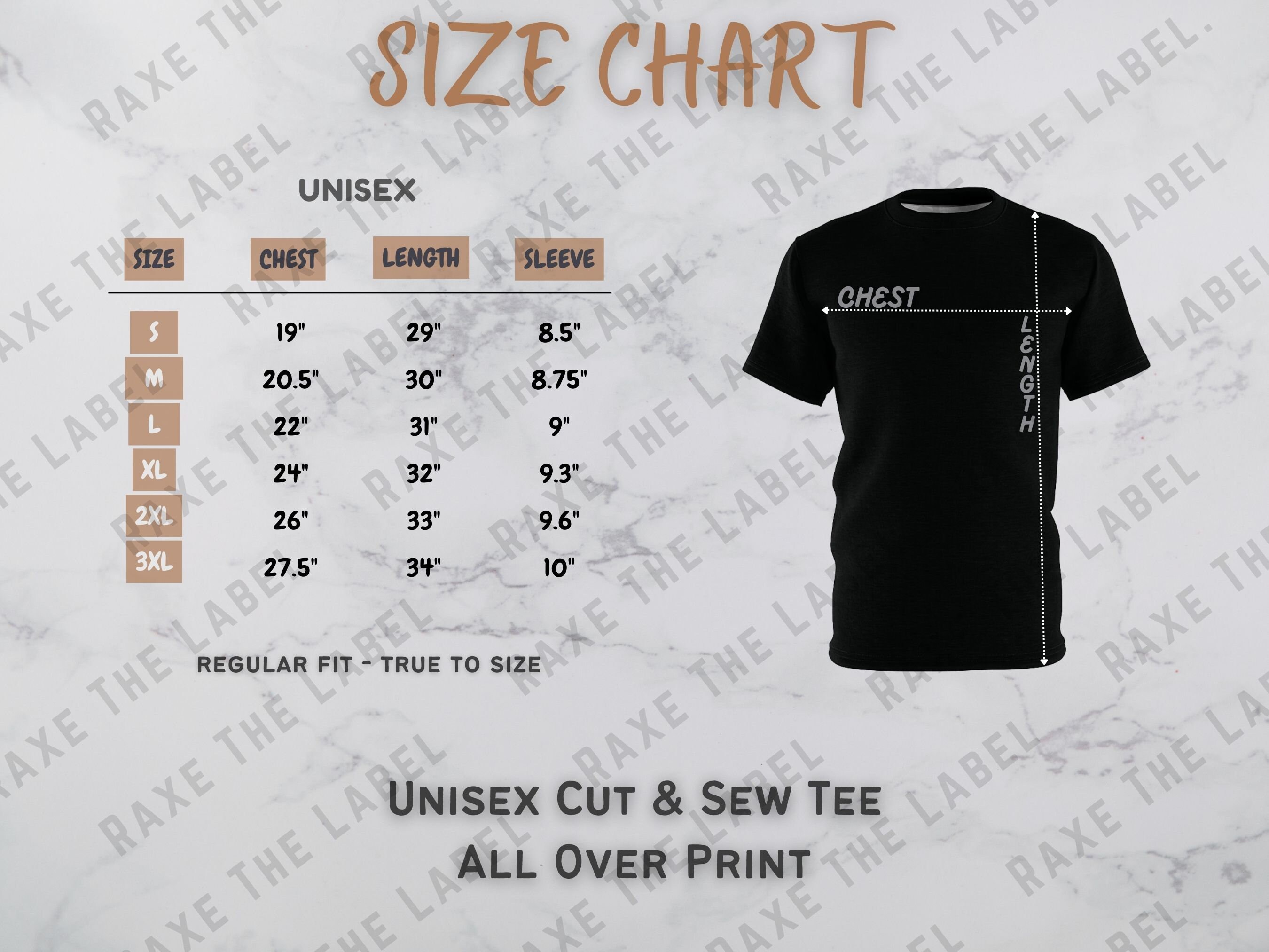AOP Cut & Sew Tee - Printify All Over Print Size Guide - AOP T