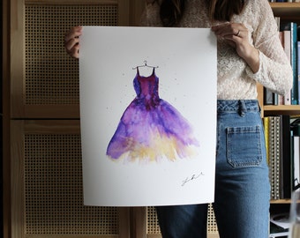 Watercolor Dress Art Print - Fashion Illustration Wall Decor - Hand Painted Purple Dress Floral Galaxy Inspired