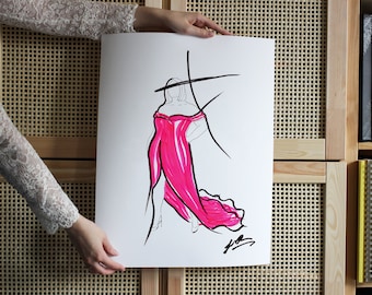 Fashion Model in Pink Dress Art Print - Fashion Illustration Artwork - Bold Fashion Sketch