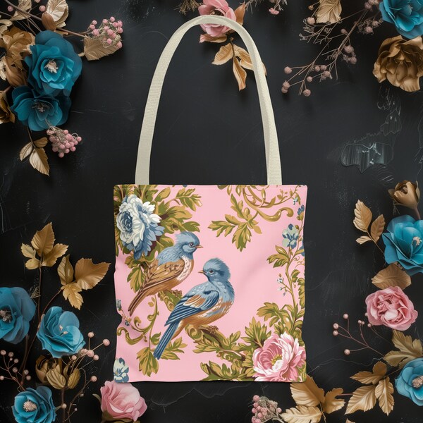 Coquette Dollette Tote Bag  - Floral Tote, Bird Tote, Bridal Gift, Wedding Bridesmaids, Cottagecore, Soft Girl, Rococco, Pink Goth