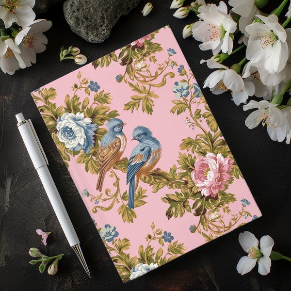 Rococo Pink Birds Hardcover Journal - Daily Diary, Book Journal, Reading Journal, Romantic Aesthetic, Coquette Aesthetic, Dream Diary