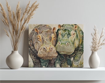 Majestic Hippopotamus Canvas Wall Art, Baby Hippo Painting Green Brown Patterns, Tender Animal Decor Artwork, Intricate Wildlife Designs