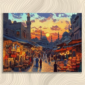 Syrien Leinwand Wand Kunst Schöne Damaskus Szene in der Abenddämmerung Traditionelle Markt Farben Perfekt für Wohnkultur Einzigartige Geschenkidee Hochwertiger Druck