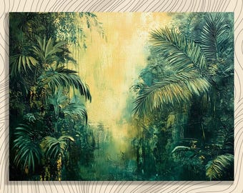 Tropical jungle canvas wall art - lush palm leaves textured rainforest painting green nature decor large botanical landscape print for home