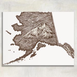 Alaska canvas wall art vintage map - Rustic woodcut state map print with engraved mountains wilderness travel decor and gift idea