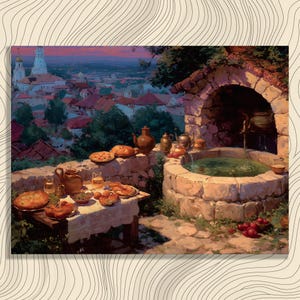 Könnte beinhalten: Ein Ölgemälde zeigt eine friedliche Szene im Freien mit einem Steinbrunnen und einem Tisch mit Speisen und Getränken. Im Hintergrund ist eine Stadtlandschaft unter einem Abendhimmel zu sehen. Das Kunstwerk erzeugt ein Gefühl der Ruhe und lädt zum Verweilen ein.