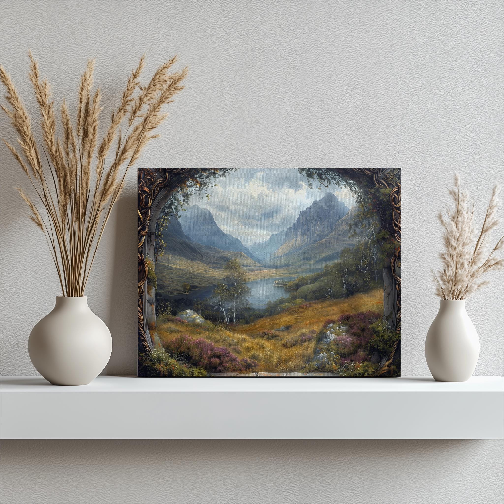 Schottische Highlands Leinwand Wandkunst, Heidefelder Schlösser Lochs Druck für Dekor, Dekoration für Haus, Büro, Eingang, Toilette oder Schlafzimmer