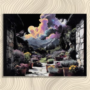 May include: An artistic print showing a nighttime garden scene. The image features a stone pathway lined with potted plants, leading towards a mountain range under a colourful, illuminated sky. The scene is framed by stone walls.