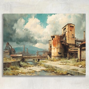 May include: A painting of an industrial complex with weathered, rust-colored metal structures and tall silos. A narrow stream flows through the foreground under a bridge, set against a backdrop of distant mountains and a cloudy, expansive blue sky.