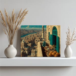 Arabian balcony scene with qahwa tea, honey bread, and coffee brown city buildings.